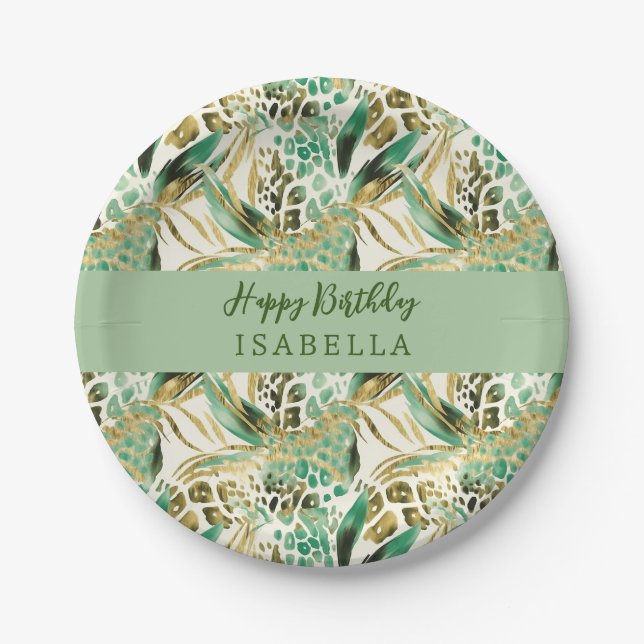 Safari Animals' Fur Prints Pattern & Palm Leaves Paper Plates (Front)