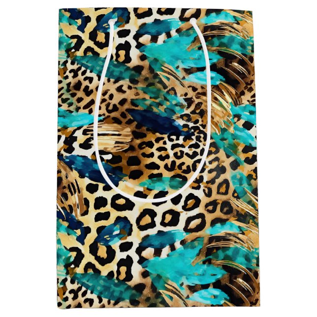Safari Animals' Fur Prints Pattern Teal Blue Gold Medium Gift Bag (Front)