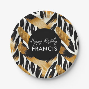 Safari Animals' Fur Prints Patterns Black and Gold Paper Plates