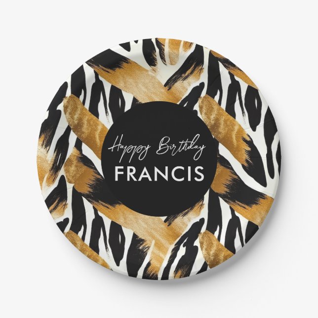 Safari Animals' Fur Prints Patterns Black and Gold Paper Plates (Front)