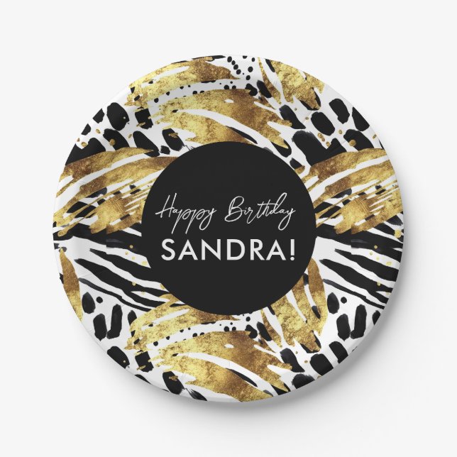 Safari Animals' Fur Prints Patterns Black and Gold Paper Plates (Front)