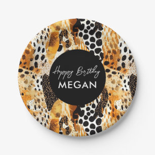 Safari Animals' Fur Prints Patterns Black and Gold Paper Plates