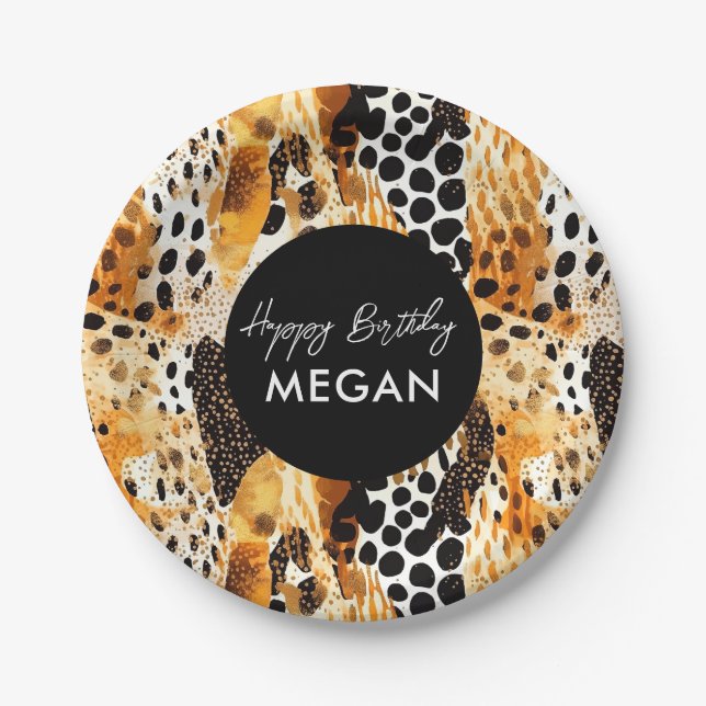 Safari Animals' Fur Prints Patterns Black and Gold Paper Plates (Front)
