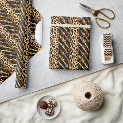 Safari Animals Fur Prints Patterns Black and Gold Wrapping Paper