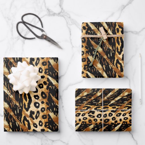 Safari Animals Fur Prints Patterns Black and Gold Wrapping Paper Sheets