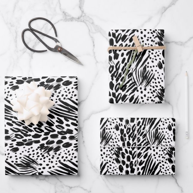 Safari Animals' Fur Prints Patterns Black & White Wrapping Paper Sheets (Front)