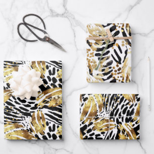 Safari Animals Fur Prints Patterns Gold and Black Wrapping Paper Sheets
