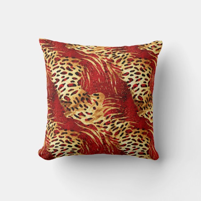 Safari Animals' Fur Prints Patterns Gold & Red  Throw Pillow (Front)