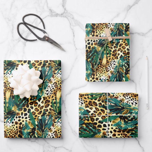 Safari Animals' Fur Prints Patterns Green and Gold Wrapping Paper Sheets (Front)