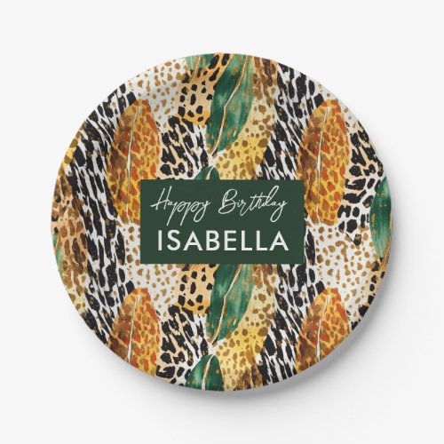 Safari Animals Fur Prints Patterns  Green Leaves Paper Plates