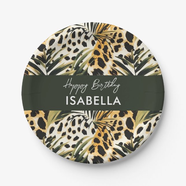 Safari Animals' Fur Prints Patterns & Palm Leaves Paper Plates (Front)