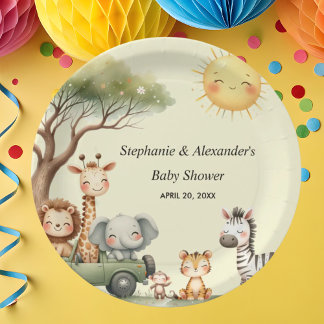Safari animals gender neutral baby shower round paper plates