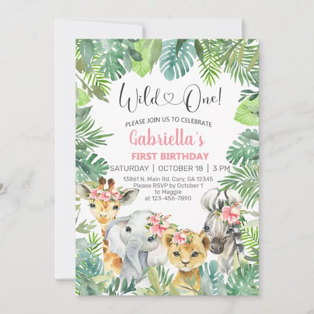 Safari animals girl 1st first birthday invite. invitation (Front)