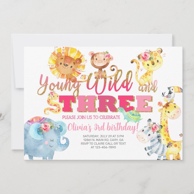 Safari animals girl 3rd birthday invitation. invitation (Front)