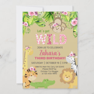 Safari animals girl 3rd third birthday invite. invitation