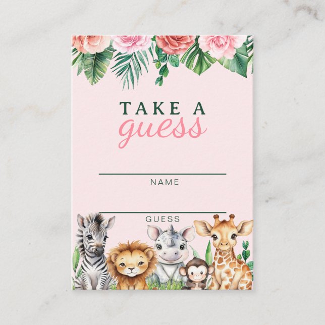 Safari Animals Girl Baby Shower Game Card - Jungle (Front)