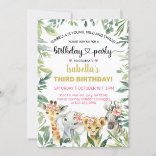 Safari animals girl birthday invite, any age. invi invitation