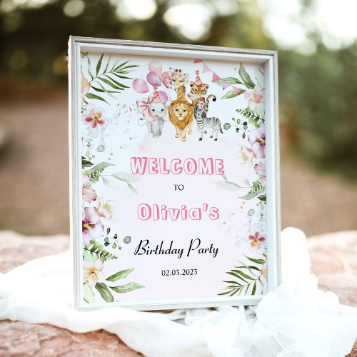 Safari animals girl birthday party welcome sign