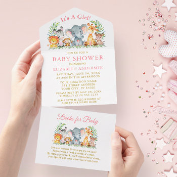 Safari Animals Girl Pink Baby Shower And Books All In One Invitation by HappyMemoriesKidsCo at Zazzle