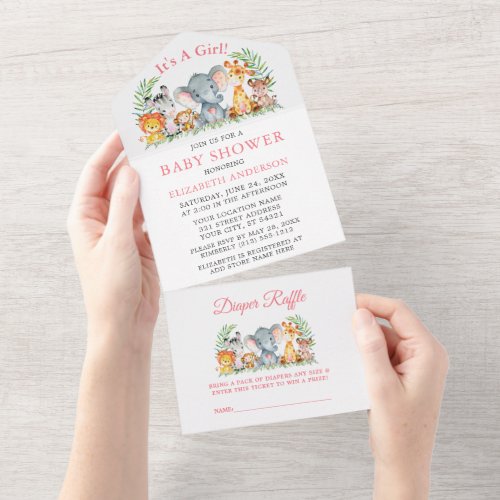 Safari Animals Girl Pink Baby Shower and Raffle All In One Invitation