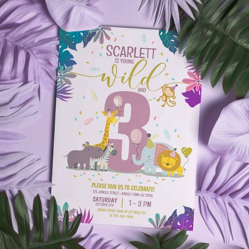 Safari Animals Girls Young Wild and Three Birthday Invitation