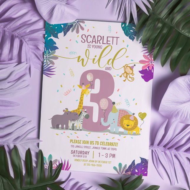 Safari Animals Girls Young Wild and Three Birthday Invitation (Creator Uploaded)