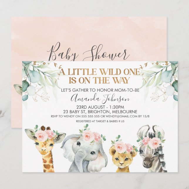 Safari Animals Gold Foliage Baby Shower Invitation (Front/Back)