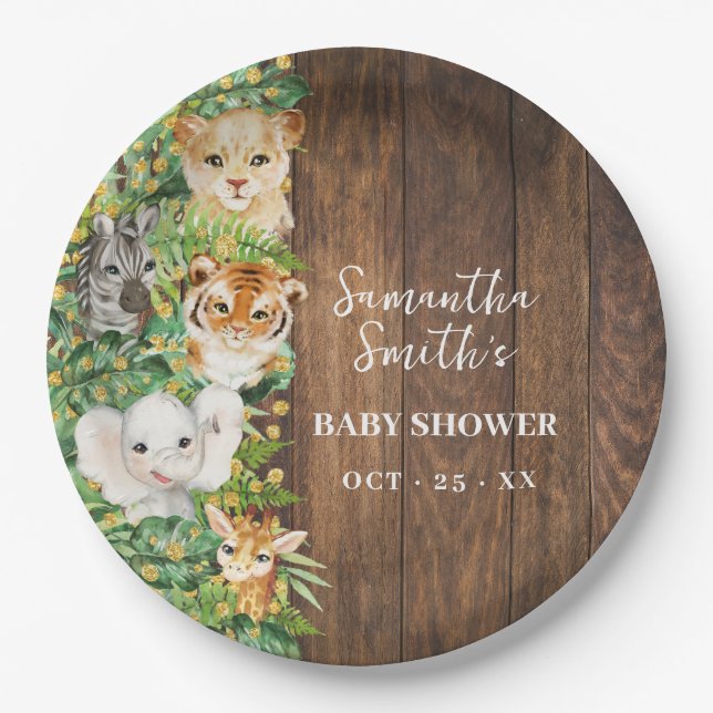 Safari Animals Gold Glitter Rustic Baby Shower Paper Plates (Front)