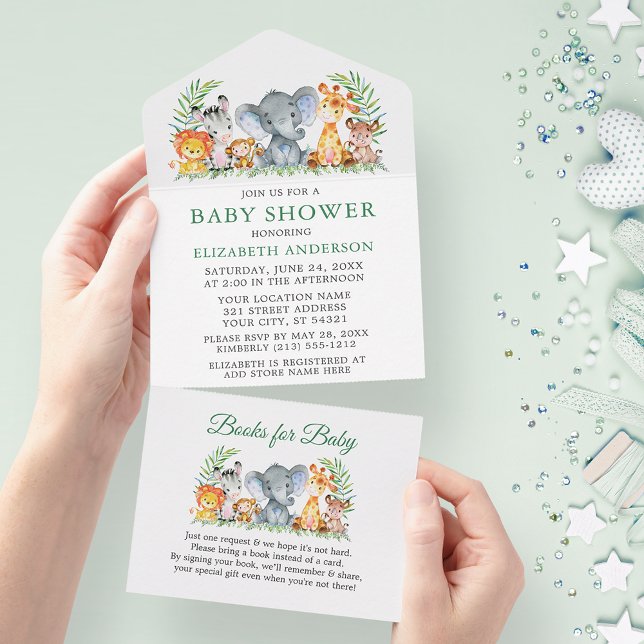 Safari Animals Green Baby Shower and Books All In One Invitation (All In One Baby Shower Invitation with Books for Baby tear off card.)