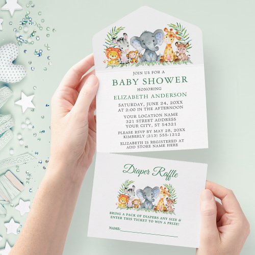 Safari Animals Green Baby Shower and Raffle All In One Invitation