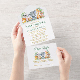 Safari Animals Green Baby Shower and Raffle Gold All In One Invitation