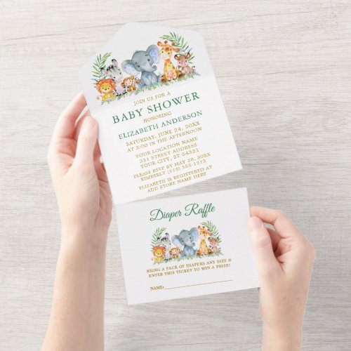Safari Animals Green Baby Shower and Raffle Gold All In One Invitation
