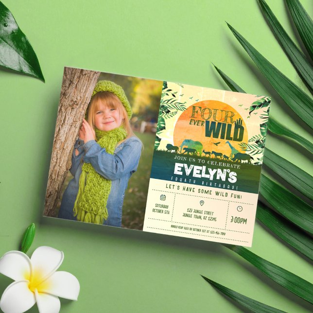Safari Animals Green Four Ever Wild Photo Birthday Invitation (Creator Uploaded)