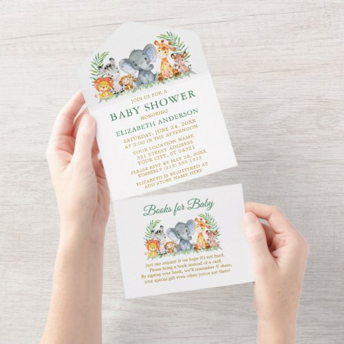 Safari Animals Green Gold Baby Shower and Books All In One Invitation