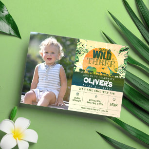 Safari Animals Green Young Wild & 3 Photo Birthday Invitation