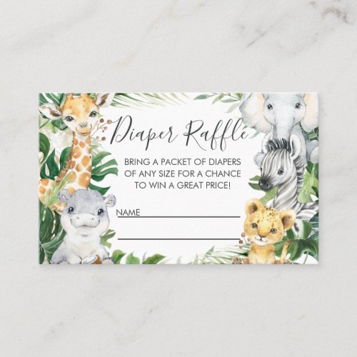 Safari Animals Greenery Baby Shower Diaper Raffle  Business Card - Safari Animals Greenery Baby Shower Diaper Raffle Insert Business Card

Sweet and bold safari animals baby shower diaper raffle insert or ticket featuring five jungle animals and some foliage or greenery.  