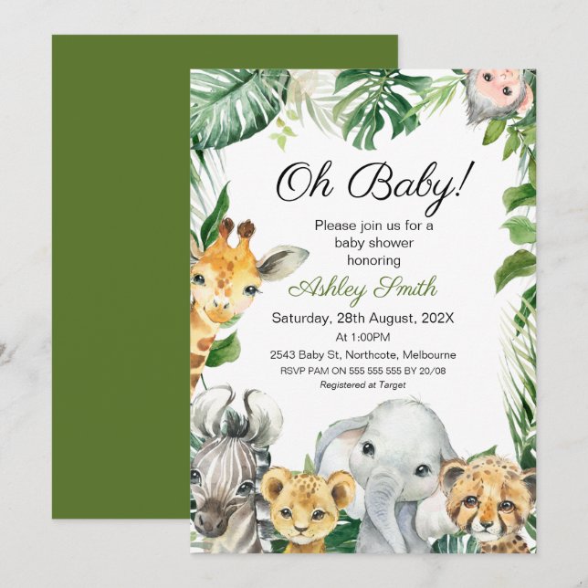 Safari Animals Greenery Baby Shower Invitation (Front/Back)