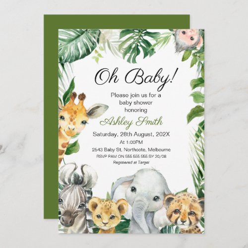 Safari Animals Greenery Baby Shower Invitation