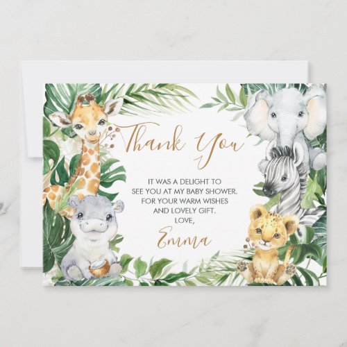 Safari Animals Greenery Baby Shower Thank You Card - Safari Animals Greenery Baby Shower Thank You Card

Sweet and bold safari animals baby shower thank you card featuring five jungle animals and some foliage or greenery.  This safari baby shower card is a sweet way to thank guests for coming to your safari themed baby shower. 