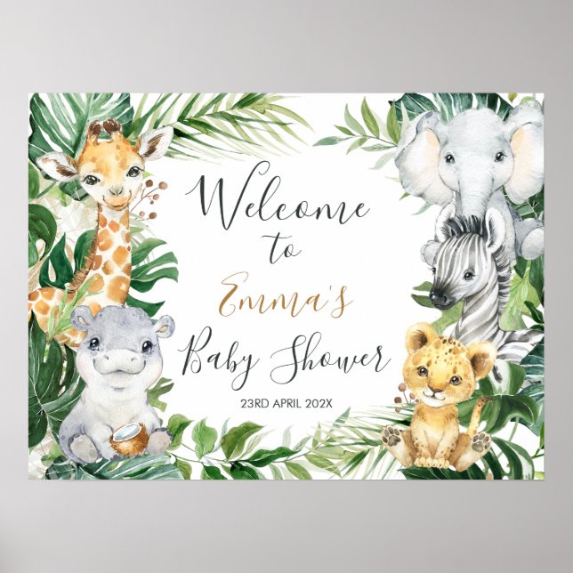 Safari Animals Greenery Baby Shower Welcome Sign (Front)