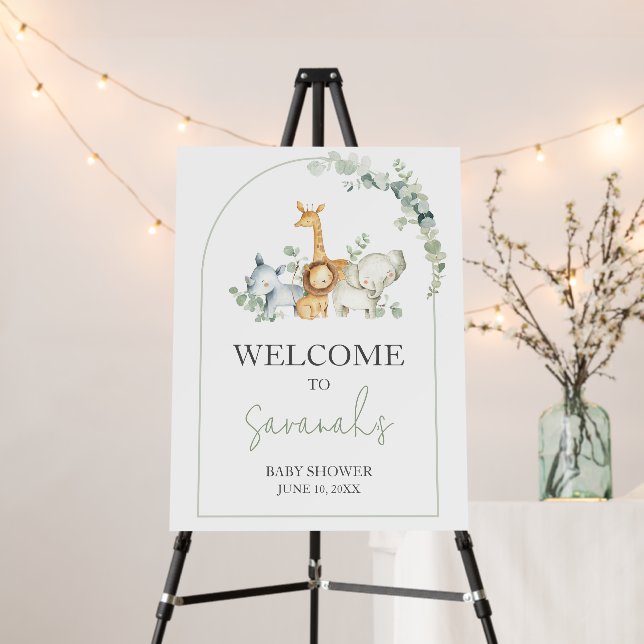 Safari Animals Greenery Baby Shower Welcome Sign (In Situ (Stand))