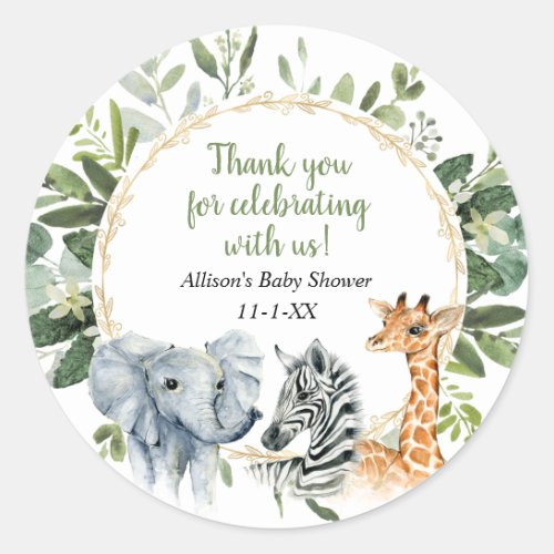 Safari animals greenery gold baby shower classic round sticker