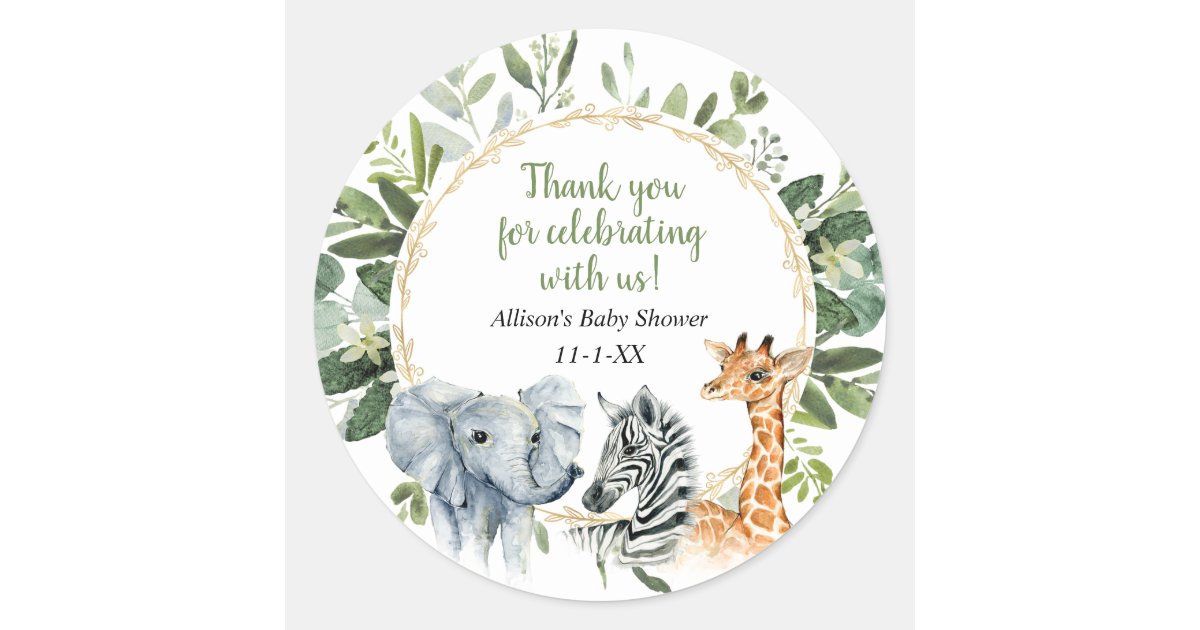 Safari animals greenery gold baby shower classic round sticker | Zazzle