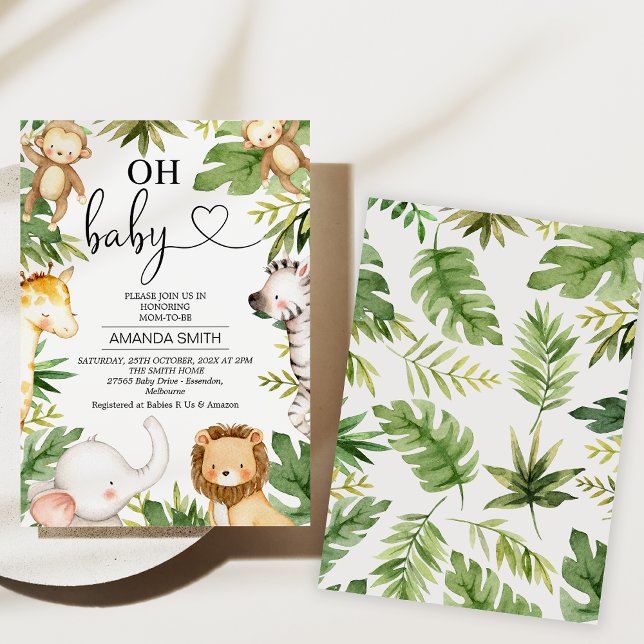 Safari Animals Greenery Oh Baby Baby Shower Invitation (Safari Baby Shower Invitations, Gender Neutral, Safari Theme, Safari Animals Baby Shower, Jungle)
