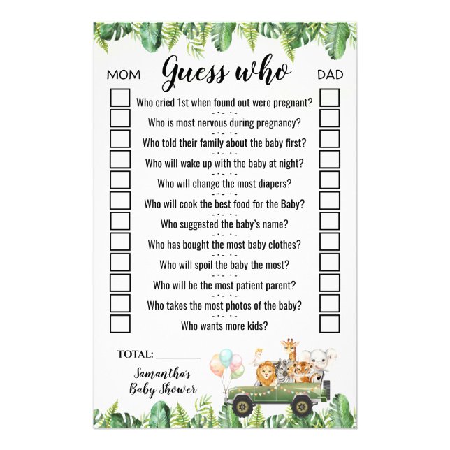 Safari Animals Guess Who Baby Shower Game Card Flyer (Front)