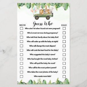 Safari Animals Guess Who Baby Shower Game Card Flyer