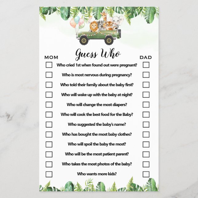 Safari Animals Guess Who Baby Shower Game Card Flyer (Front)