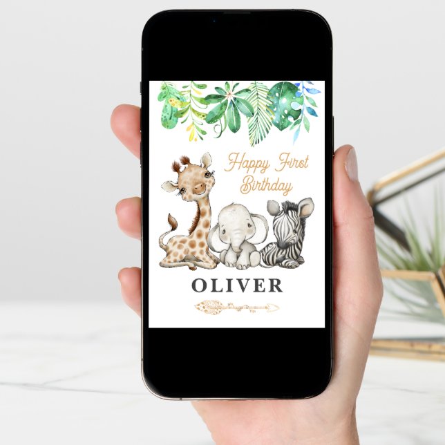 Safari Animals Happy 1st Birthday Greeting Card (Front Digital)