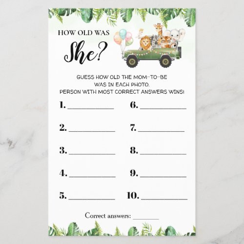 Safari Animals How old was She Baby Shower Card Flyer