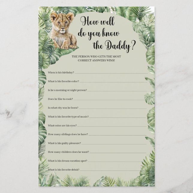 Safari Animals How Well Do You Know the Daddy game (Front)